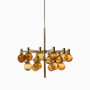 Large Chandelier in Brass and Amber Glass attributed to Hans-Agne Jakobsson, 1950s