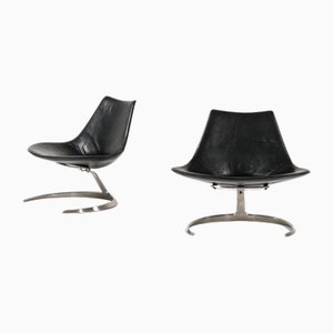 Set of Scimitar Easy Chairs in Steel and Leather by Preben Fabricius & Jørgen Kastholm, 1962