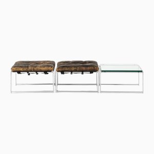 Stools & Side Table in Aluminium, Glass and Leather by Jörgen Høj, 1960s, Set of 3