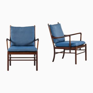 Colonial Easy Chairs in Mahogany, Woven Cane and Fabric attributed to Ole Wanscher, 1960s, Set of 2