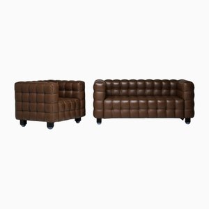 Brown Leather Kubus Sofa and Armchair by Josef Hoffman, Set of 2