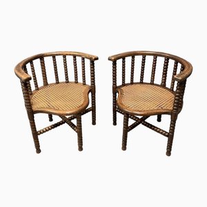 Low Bobbin Armchairs with Wicker Seats, Set of 2