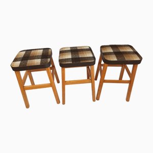 Tabourets Vintage avec Siège Tartan en Bois, Angleterre, 1960s, Set de 3