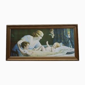 Bedtime Scene Lithograph on Canvas with Frame, Italy, 1930
