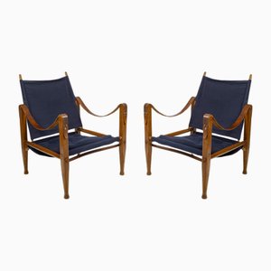 Armchairs in Oak, Leather and Canvas, 1960s, Set of 2
