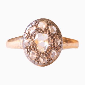 Antique 14k Yellow Gold and Silver Daisy Ring with Rosette-Cut Diamonds, 1900s