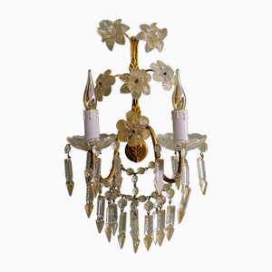 Italian Gilt Metal Two-Light Sconce with Crystal Glass Flowers and Prisms, 1970s