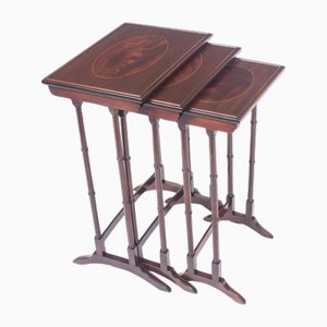 Antique Victorian Mahogany & Inlaid Nesting Tables, 1880s, Set of 3