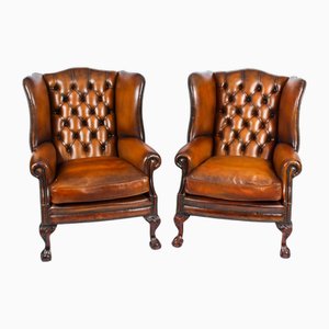 Antique Leather Chippendale Wingback Armchairs, 1920s, Set of 2