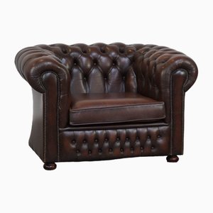 English Dark Brown Leather Chesterfield Armchair