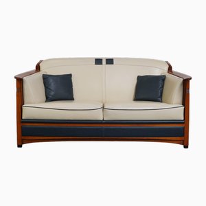 Art Nouveau White and Blue Leather 2-Seater Sofa Jugendstil Series attributed to Paul Schuitema