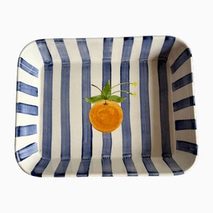 Large Stripey Blue and White Rectangular Serving Dish by Laurie Gates