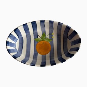 Stripey Blue and White Oval Dish by Laurie Gates