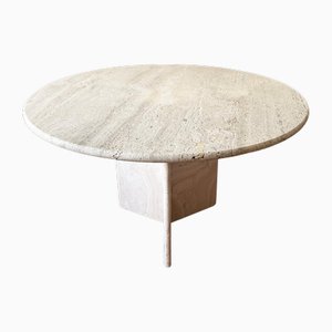 Postmodern Cream Off White Round Travertine Dining Table with Pedestal Base, 1970s