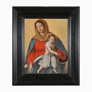 Artista de la escuela francesa, Virgen del Rosario y el Niño, siglo XVII, óleo sobre lienzo