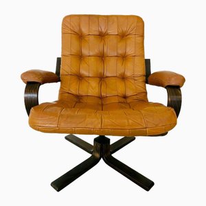 Vintage Mid-Century Danish Tan Leather Swivel Chair, 1970s