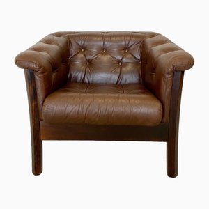 Mid-Century Danish Brown Leather & Rattan Club Chair, 1970s