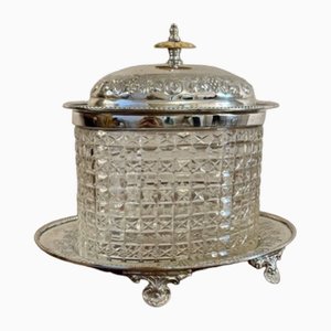 Antique Edwardian Cut Glass Silver-Plated Biscuit Barrel, 1900s