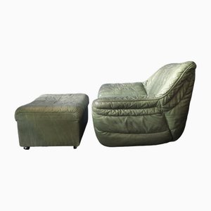 Lounge Chair and Ottoman in Olive Green Patchwork Leather from Laauser, 1970s, Set of 2