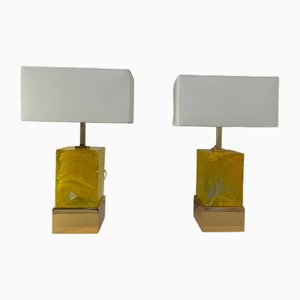 Italian Art Deco Style Yellow Murano Cube Glass Table Lamps , 2000s, Set of 2