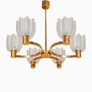 Large Gold-Plated Chandelier with Ice Crystal Glass Flowers from Kaiser, 1960s