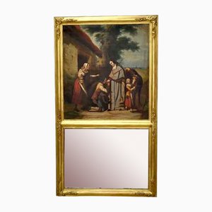 Espejo Trumeau francés antiguo rectangular con óleo sobre lienzo y marco dorado tallado, siglo XIX