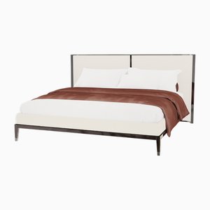Thyia 125 Italian Curved Bed in Ivory Boucle Fabric and Brown Wooden Base from Kabinet