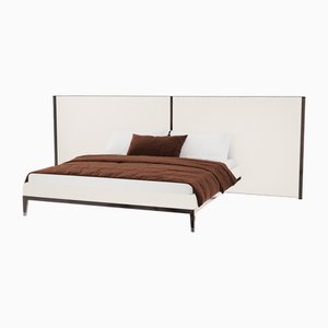 Thyia 125 Italian Curved Bed in Ivory Boucle Fabric and Brown Wooden Base from Kabinet