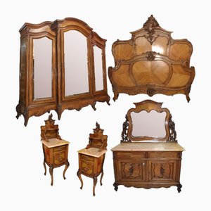 Antique Spanish Wardrobe, Dressing Commode, Nightstands and Headboard in Carved Walnut and Mable, Set of 6