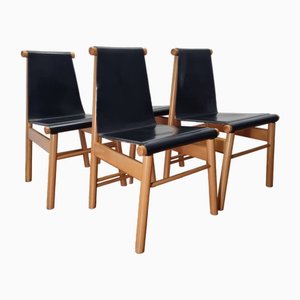 Mid-Century Italian Wood and Leather Dining Chairs, 1970s, Set of 4