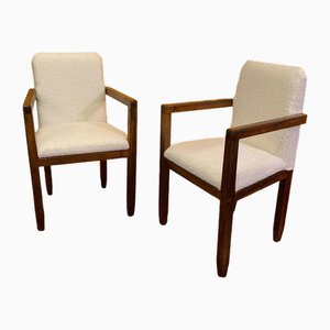 Art Deco Mahogany Framed Armchairs in White Boucle Upholstery, 1920s, Set of 2