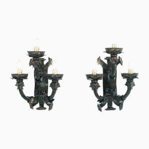 Lámparas de pared para exteriores renacentistas toscanas antiguas de hierro forjado en verde dorado, década de 1890. Juego de 2