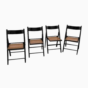 Blackened Beech and Cane Folding Chairs, 1960s, Set of 4