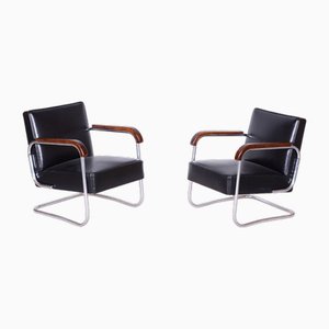 Vintage Bauhaus Armchairs in Chrome and Beech, 1930s, Set of 2