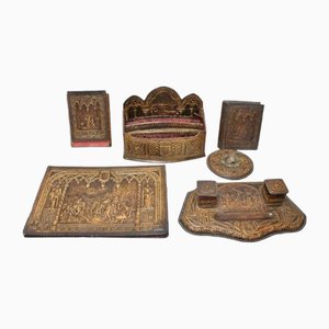 Antique Spanish Embossed Leather Writing Desk Set, Set of 6