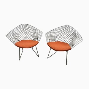 Set of Diamond Chairs in Silver with Orange Seat by Harry Bertoia for Knoll, 1980s