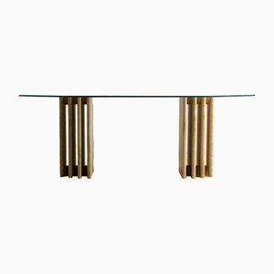 Architectural Travertine Dining Table with Glass Top, Italy, 1970s