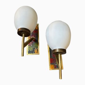 Mid-Century Modern Italian Enameled Brass and Glass Wall Sconces, 1950s, Set of 2