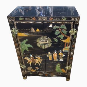 Vintage Chinese Black Lacquered Side Cabinet with Hard Stone Finish