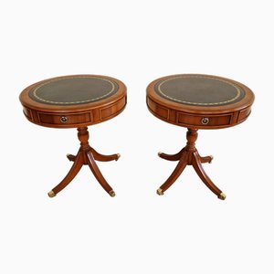 Two Drum Tables with Drawers and Leather Top, Set of 2
