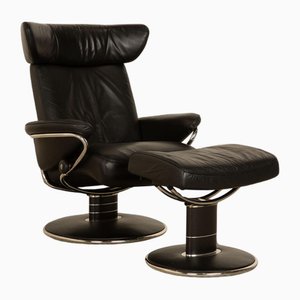Stressless Jazz Leather Armchair in Black with Stool, Set of 2
