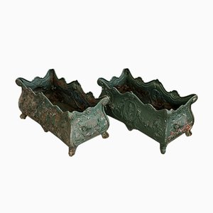 Large Antique French Louis Philippe Cast Iron Planters, Set of 2