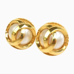 Coco Mark in Metal & Faux Pearl Gold and Off-White Earrings from Chanel, Set of 2