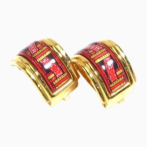 Cloisonne Metal & Enamel Gold, Red & Black Earrings from Hermes, Set of 2