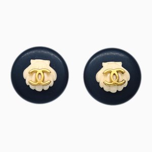 Black Button Shell Earrings from Chanel, Set of 2