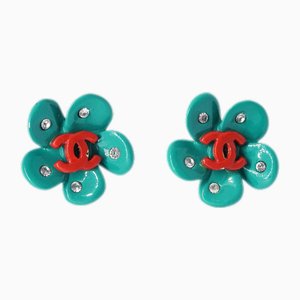 Flower Piercing Earrings with Rhinestone in Green from Chanel, Set of 2