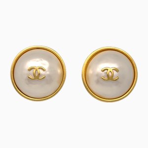 Gold Button Artificial Pearl Earrings from Chanel, Set of 2