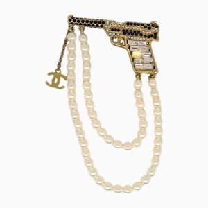 Gun Brooch Pin with Rhinestone and Artificial Pearl from Chanel