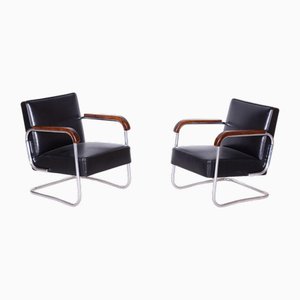 Set of Bauhaus Leather & Beech Armchairs, 1930s