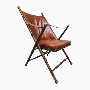 Chaise Pliante Vintage en Faux Bambou et Cuir, 1950s